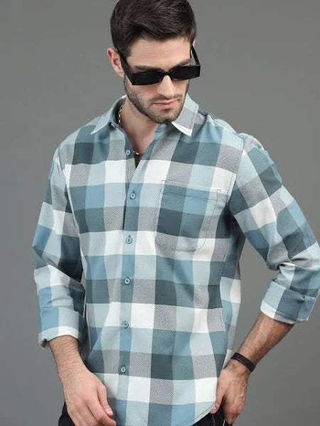 White & Blue Slim Fit Checked Casual Shirt(44)