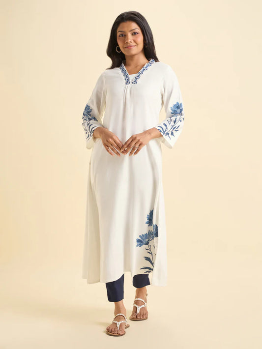 White Blue Viscose Linen Plain Flared Kurti With Placement Print And Embroidery